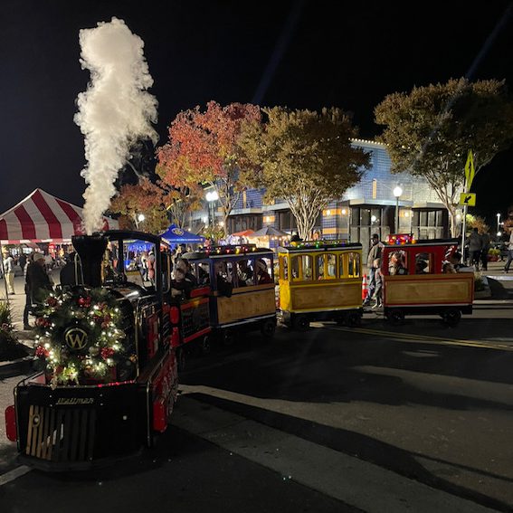 Image of train with holiday decor